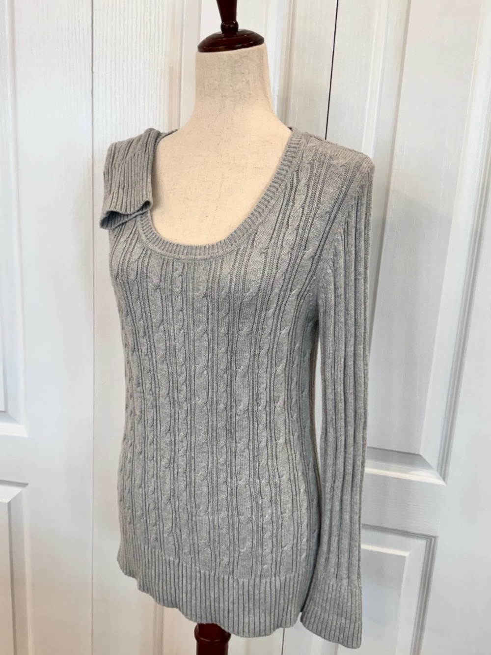 Women's Size L *Organic Cotton* Sweater by Faded Glory Gray Cable Knit, Light Wt